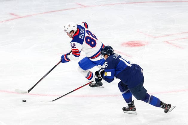 Ice hockey, Eishockey - IIHF WC 2026 ZURICH,SWITZERLAND,18.MAY.26 - ICE HOCKEY - IIHF Ice Hockey World Championship, WM, Weltmeisterschaft 2026, group stage, Finland vs USA. Image shows Danny Nelson (USA) and Anton Lundell (FIN).  GEPAxpictures xMaticxKlansek