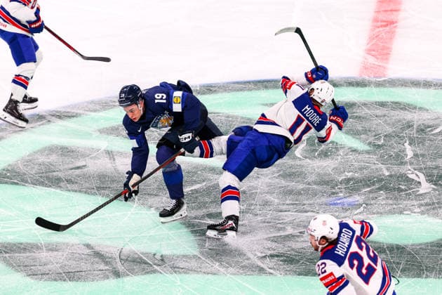 Ice hockey, Eishockey - IIHF WC 2026 ZURICH,SWITZERLAND,18.MAY.26 - ICE HOCKEY - IIHF Ice Hockey World Championship, WM, Weltmeisterschaft 2026, group stage, Finland vs USA. Image shows Waltteri Merela (FIN) and Oliver Moore (USA).  GEPAxpictures xMaticxKlansek