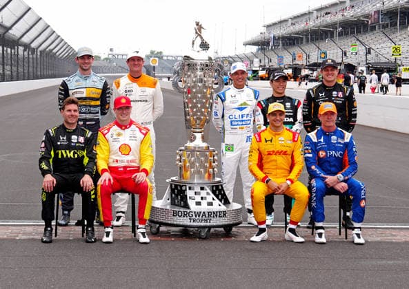 INDIANAPOLIS, IN - MAY 18: Past Indy 500 winning drivers that are starting in the 2026 Indianapolis 500 pose for a group photo at the yard of bricks with the Borg Warner Trophy before practice for the 110th Running of the Indianapolis 500 on May 18th, 2026, at the Indianapolis Motor Speedway in Indianapolis, Indiana. (Photo by Brian Spurlock Icon Sportswire) AUTO: MAY 18 NTT IndyCar, Indy Car, IRL, USA Series Indianapolis 500 Practice EDITORIAL USE ONLY Icon2605185006
