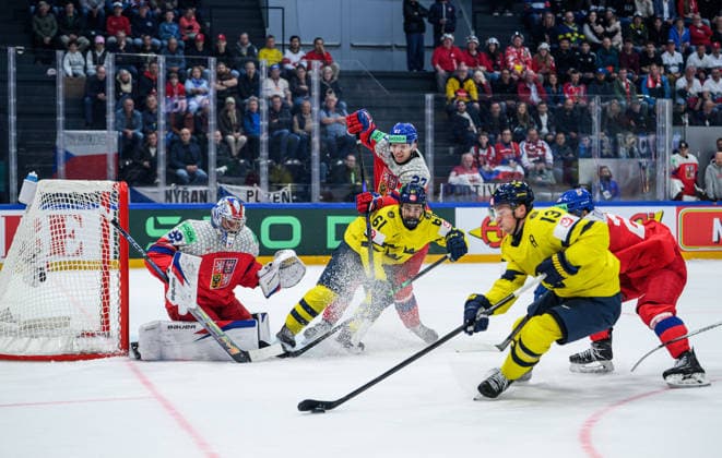 260518 Viggo Björck and Lucas Raymond of Sweden against Marek Alscher of Czech Republic during the 2026 IIHF Ice hockey, Eishockey World Championship, WM, Weltmeisterschaft match between Sweden and Czech Republic on May 18, 2026 in Fribourg. Photo: Jesper Zerman BILDBYRAN kod JZ JZ0719 ishockey ice hockey ishockey-vm 2026 vm 2026 iihf world championship sverige sweden tjeckien czech republic bbeng Copyright: JESPERxZERMAN BB260518JZ129