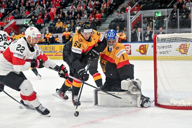 ZURICH, SWITZERLAND - MAY 18: Nino Niederreiter of Switzerland tries to score against Moritz Seider of Germany and goalkeeper Jonas Stettmer of Germany during the 2026 IIHF Ice hockey, Eishockey World Championship, WM, Weltmeisterschaft Switzerland game between Germany and Switzerland at Swiss Life Arena on May 18, 2026 in Zurich, Zurich. Zurich Swiss Life Arena Zurich Switzerland Copyright: xJustPictures.ch AndreaxBrancax jp-en-EuSpIm-JP7_ANB_Ger_Sui_18052026_1476