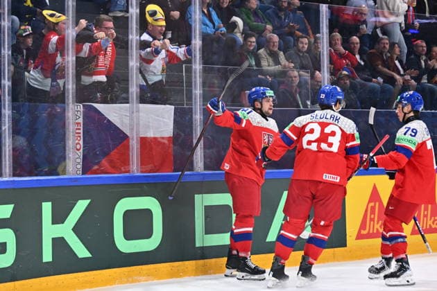 From left Matej Blumel, Lukas Sedlak and Tomas Galvas of Czech Republic celebrate a goal during the IIHF World Championship, WM, Weltmeisterschaft Group B match Sweden vs Czech Republic on May 18, 2026, Fribourg, Switzerland. (CTKxPhoto RadekxPetrasek) CTKPhotoP2026051807868  CTKPhotoP2026051807868