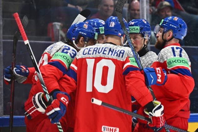 Czech players celebrate a goal during the IIHF World Championship, WM, Weltmeisterschaft Group B match Sweden vs Czech Republic on May 18, 2026, Fribourg, Switzerland. (CTKxPhoto RadekxPetrasek) CTKPhotoP2026051807885  CTKPhotoP2026051807885