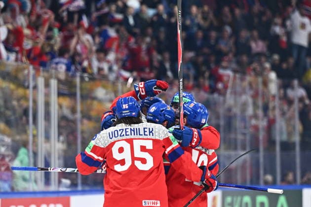 Czech players celebrate a goal during the IIHF World Championship, WM, Weltmeisterschaft Group B match Sweden vs Czech Republic on May 18, 2026, Fribourg, Switzerland. (CTKxPhoto RadekxPetrasek) CTKPhotoP2026051807901  CTKPhotoP2026051807901