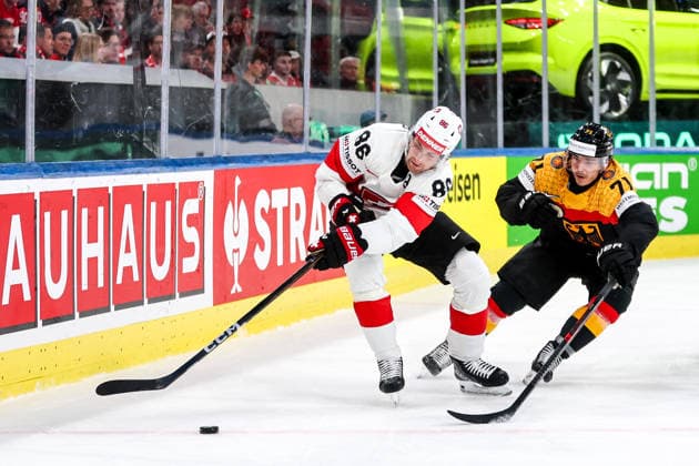 Ice hockey, Eishockey - IIHF WC 2026 ZURICH,SWITZERLAND,18.MAY.26 - ICE HOCKEY - IIHF Ice Hockey World Championship, WM, Weltmeisterschaft 2026, group stage, Germany vs Switzerland. Image shows Janis Moser (SUI) and Daniel Fischbuch (GER).  GEPAxpictures xMaticxKlansek