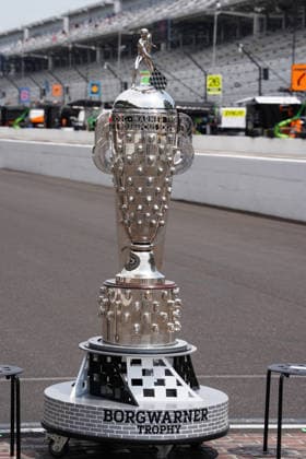 INDIANAPOLIS, IN - MAY 18: The Borg Warner Trophy is placed on the yard of bricks for a group driver photo to be taken before practice for the 110th Running of the Indianapolis 500 on May 18th, 2026, at the Indianapolis Motor Speedway in Indianapolis, Indiana. (Photo by Brian Spurlock Icon Sportswire) AUTO: MAY 18 NTT IndyCar, Indy Car, IRL, USA Series Indianapolis 500 Practice EDITORIAL USE ONLY Icon26051850024