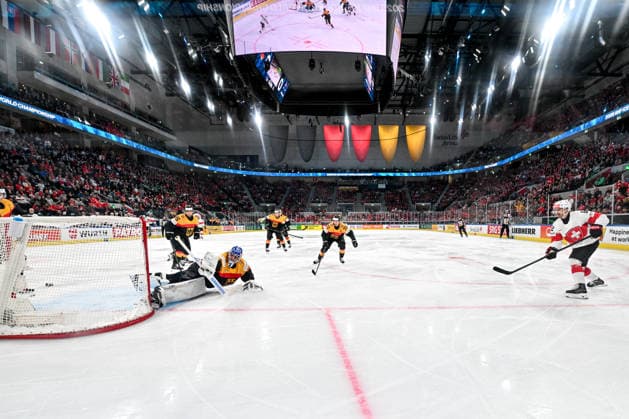 ZURICH, SWITZERLAND - MAY 18: Denis Malgin of Switzerland R) scores a goal against goalkeeper Jonas Stettmer of Germany L) during the 2026 IIHF Ice hockey, Eishockey World Championship, WM, Weltmeisterschaft Switzerland game between Germany and Switzerland at Swiss Life Arena on May 18, 2026 in Zurich, Zurich. Zurich Swiss Life Arena Zurich Switzerland Copyright: xJustPictures.ch AndreaxBrancax jp-en-EuSpIm-JP7_ANB_Ger_Sui_18052026_5330
