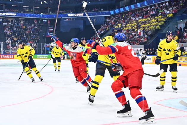 Matej Blumel of Czech Republic (81) celebrates a goal during the IIHF World Championship, WM, Weltmeisterschaft Group B match Sweden vs Czech Republic on May 18, 2026, Fribourg, Switzerland. (CTKxPhoto RadekxPetrasek) CTKPhotoP2026051808110  CTKPhotoP2026051808110