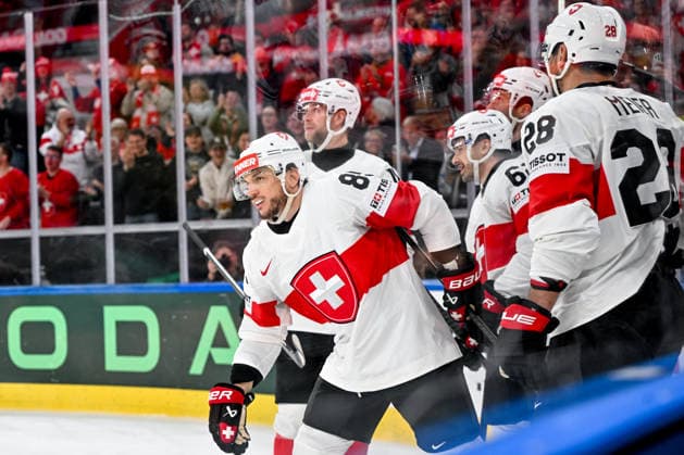 ZURICH, SWITZERLAND - MAY 18: Sven Andrighetto of Switzerland L) celebrates his goal during the 2026 IIHF Ice hockey, Eishockey World Championship, WM, Weltmeisterschaft Switzerland game between Germany and Switzerland at Swiss Life Arena on May 18, 2026 in Zurich, Zurich. Zurich Swiss Life Arena Zurich Switzerland Copyright: xJustPictures.ch AndreaxBrancax jp-en-EuSpIm-JP7_ANB_Ger_Sui_18052026_1748