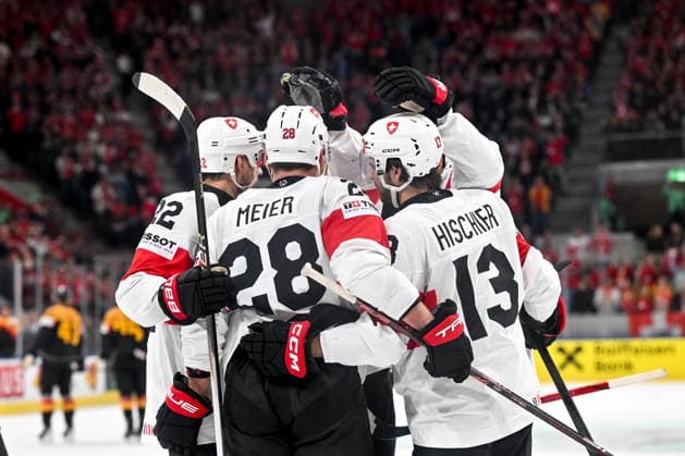 ZURICH, SWITZERLAND - MAY 18: Switzerland celebrate a goal during the 2026 IIHF Ice hockey, Eishockey World Championship, WM, Weltmeisterschaft Switzerland game between Germany and Switzerland at Swiss Life Arena on May 18, 2026 in Zurich, Zurich. Zurich Swiss Life Arena Zurich Switzerland Copyright: xJustPictures.ch AndreaxBrancax jp-en-EuSpIm-JP7_ANB_Ger_Sui_18052026_2015