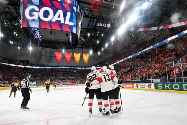 ZURICH, SWITZERLAND - MAY 18: Switzerland celebrate after scoring a goal during the 2026 IIHF Ice hockey, Eishockey World Championship, WM, Weltmeisterschaft Switzerland game between Germany and Switzerland at Swiss Life Arena on May 18, 2026 in Zurich, Zurich. Zurich Swiss Life Arena Zurich Switzerland Copyright: xJustPictures.ch AndreaxBrancax jp-en-EuSpIm-JP7_ANB_Ger_Sui_18052026_5741