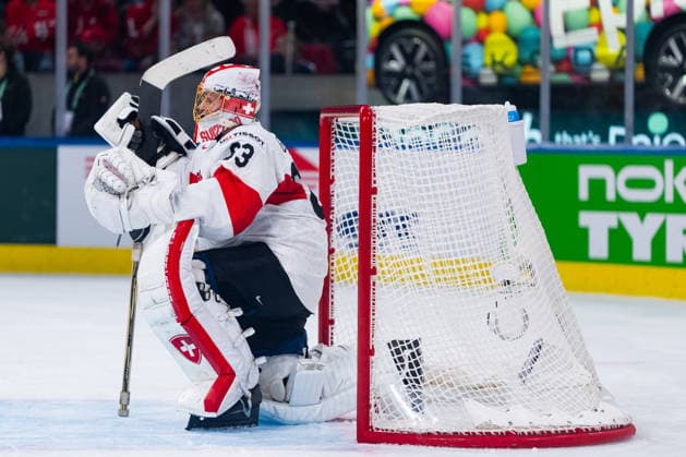 ZURICH, SWITZERLAND - MAY 18: Leonardo Genoni (Switzerland, 63) with his goal during the Preliminary Round - Group A Match 19 between Germany and Switzerland at the IIHF Ice hockey, Eishockey World Championship, WM, Weltmeisterschaft 2026, Swiss Life Arena on May 18, 2026 in Zurich, Switzerland. Zurich Switzerland Copyright: xTimoxSteinx