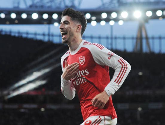Football - 2025 2026 Arsenal v Burnley - Premier league. Emirates Stadium - Monday 18th May 2026 Kai Havertz of Arsenal celebrates his goal in the first half 