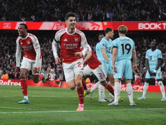 Football - 2025 2026 Arsenal v Burnley - Premier league. Emirates Stadium - Monday 18th May 2026 Kai Havertz of Arsenal celebrates his goal in the first half 