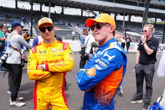 INDIANAPOLIS, IN - MAY 18: From left to right IndyCar, Indy Car, IRL, USA drivers Alex Palou and Scott Dixon wait for a driver group photo to be taken before practice for the 110th Running of the Indianapolis 500 on May 18th, 2026, at the Indianapolis Motor Speedway in Indianapolis, Indiana. (Photo by Brian Spurlock Icon Sportswire) AUTO: MAY 18 NTT IndyCar Series Indianapolis 500 Practice EDITORIAL USE ONLY Icon26051850051