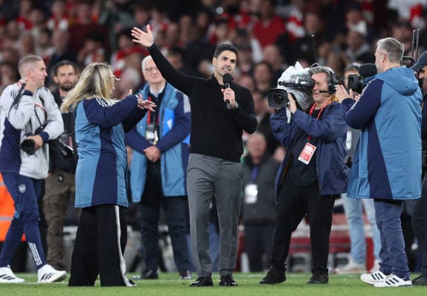 London, England, 18th May 2026. Mikel Arteta manager of Arsenal gives an end of season speech to the fans during the Arsenal vs Burnley Premier League match at the Emirates Stadium, London. Picture credit should read: David Klein Sportimage EDITORIAL USE ONLY. No use with unauthorised audio, video, data, fixture lists, club league logos or live services. Online in-match use limited to 120 images, no video emulation. No use in betting, games or single club league player publications. SPI_041_DK_Arsenal_Burnley SPI-4808-0037