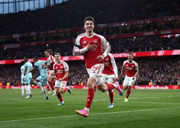 London, England, 18th May 2026. Kai Havertz of Arsenal celebrates the first goal during the Arsenal vs Burnley Premier League match at the Emirates Stadium, London. Picture credit should read: David Klein Sportimage EDITORIAL USE ONLY. No use with unauthorised audio, video, data, fixture lists, club league logos or live services. Online in-match use limited to 120 images, no video emulation. No use in betting, games or single club league player publications. SPI_052_DK_Arsenal_Burnley SPI-4808-0051