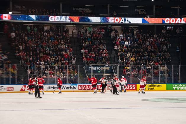 FRIBOURG, FRIBOURG - MAY 18: Canada players celebrate after scoring during the 2026 IIHF World Championship, WM, Weltmeisterschaft Preliminary Round Group B match between Canada and Denmark at BCF Arena on May 18, 2026 in Fribourg, Fribourg, Switzerland. Copyright: xLivioxBaeriswylx xSPPx Sportspressphoto_SPR149859