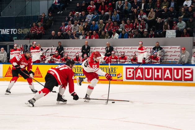 FRIBOURG, FRIBOURG - MAY 18: Christian Wejse of Denmark takes a shot during the 2026 IIHF World Championship, WM, Weltmeisterschaft Preliminary Round Group B match between Canada and Denmark at BCF Arena on May 18, 2026 in Fribourg, Fribourg, Switzerland. Copyright: xLivioxBaeriswylx xSPPx Sportspressphoto_SPR149868