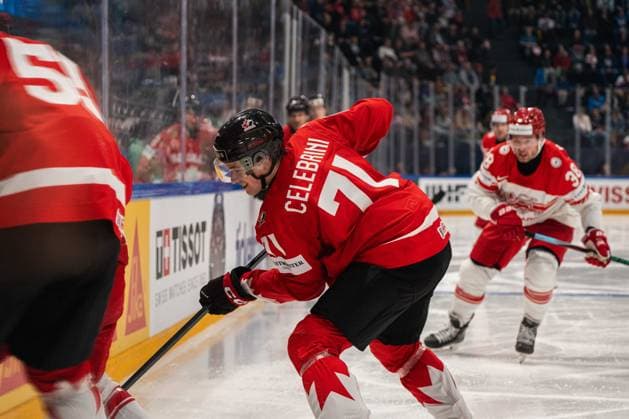 FRIBOURG, FRIBOURG - MAY 18: Macklin Celebrini of Canada during the 2026 IIHF World Championship, WM, Weltmeisterschaft Preliminary Round Group B match between Canada and Denmark at BCF Arena on May 18, 2026 in Fribourg, Fribourg, Switzerland. Copyright: xLivioxBaeriswylx xSPPx Sportspressphoto_SPR149927