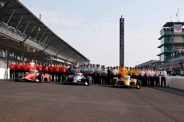 INDIANAPOLIS, IN - MAY 18: The front row of Alex Palou (10) Chip Ganassi Racing Honda, Alexander Rossi (20) of ECR Racing Chevrolet and David Maluka ( 12)Team Penske Chevrolet with their crews wear their engine manufacturers hat during the NTT IndyCar, Indy Car, IRL, USA Series Indianapolis 500 front row photoshoot at Indianapolis Motor Speedway in Indianapolis, IN. (Photo by Jeffrey Brown Icon Sportswire) AUTO: MAY 18 NTT IndyCar Series Indianapolis 500 Practice EDITORIAL USE ONLY Icon05126011