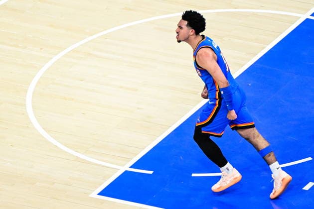 NBA, Basketball Herren, USA Western Conference Finals Game 1 - San Antonio Spurs at Oklahoma City Thunder Oklahoma City Thunder guard Jared McCain celebrates during game 1 of the NBA Western Conference Finals between Oklahoma City Thunder and San Antonio Spurs in Oklahoma City, Oklahoma, USA, 18 May 2026. Oklahoma City United States  Copyright: xGERALDxLEONGx