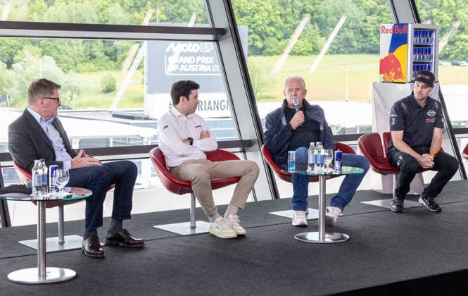 MOTORSPORTS - MotoGP, GP of Austria 2026 SPIELBERG,AUSTRIA,19.MAY.26 - MOTORSPORTS - MotoGP, Grand Prix of Austria, Red Bull Ring, preview, media day. Image shows general manager Thomas Ueberall (Red Bull Ring), sporting director Carlos Ezpeleta (MotoGP), Helmut Marko and technical director Jason Kehl (Harley Davidson Factory)  GEPAxpictures xHaraldxSteiner