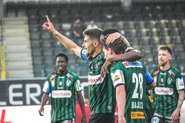 Fussball Österreich, Admiral Bundesliga Europacup-Playoff ECL 2025 2026, SV Oberbank Ried vs. Wolfsberger AC (WAC) - BWT x Oberösterreichische Arena (Ried): Kingstone Mutandwa (SV Oberbank Ried) mit dem Tor zum 2:0 - Jubel, Torjubel Copyright: xLukasxBierederx