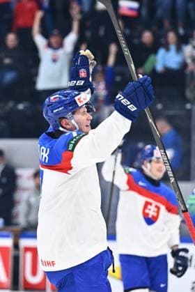 Maxim Strbak (SVK) celebrates the second goal during the 2026 IIHF World Championship, WM, Weltmeisterschaft Group B, match Slovenia vs Slovakia, Fribourg, Switzerland, on May 19, 2026. (CTKxPhoto RadekxPetrasek) CTKPhotoP2026051908990  CTKPhotoP2026051908990