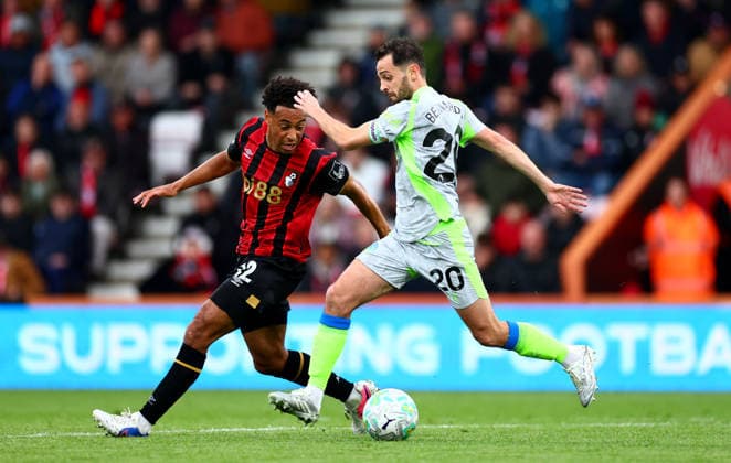 Bernardo Silva of Manchester City and Tyler Adams of AFC Bournemouth. AFC Bournemouth v Manchester City, Premier League, Football, Vitality Stadium, Bournemouth, UK - 19 May 2026Bournemouth Vitality Stadium United Kingdom EDITORIAL USE ONLY No use with unauthorised audio, video, data, fixture lists, club league logos or live services. Online in-match use limited to 120 images, no video emulation. No use in betting, games or single club league player publications.  Copyright: xJamesxMarsh Shutterstockx 16881288al