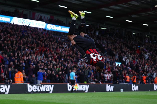 Bournemouth, England, 19th May 2026. Eli Junior Kroupi of Bournemouth celebrates after scoring to make it 1-0 during the AFC Bournemouth vs Manchester City Premier League match at the Vitality Stadium, Bournemouth. Picture credit should read: Paul Terry Sportimage EDITORIAL USE ONLY. No use with unauthorised audio, video, data, fixture lists, club league logos or live services. Online in-match use limited to 120 images, no video emulation. No use in betting, games or single club league player publications. SPI_020_PT_Bournemouth_Man_City SPI-4809-0020