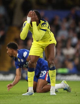 Mathys Tel (TH) dejection after a miss at the Chelsea v Tottenham Hotspur EPL match, at Stamford Bridge Stadium, London, UK on 19th May, 2026. 