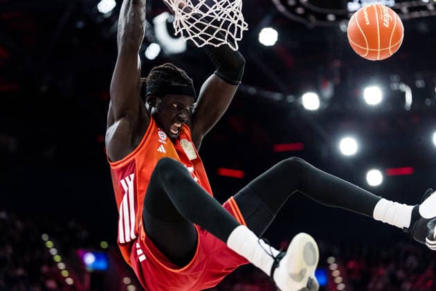 MUNICH, GERMANY - MAY 19: Wenyen Gabriel (FC Bayern Muenchen, 32) hanging on the basket after a dunk during the easyCredit Basketball Bundesliga Playoffs Quarterfinal Game 2 between FC Bayern Muenchen vs. Vet-Concept Gladiators Trier at SAP Garden on match 2 of the Playoffs Quarterfinals Best of Five of easyCredit Basketball Bundesliga on May 19, 2026 in Munich, Germany. Bavaria Germany Copyright: xSteffiexWunderlx