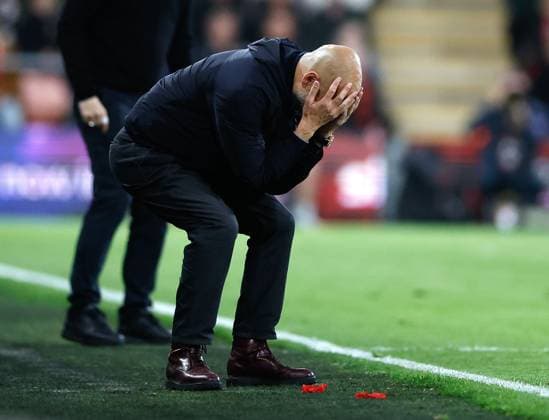 Pep Guardiola the Manchester City manager dejected at a missed chance AFC Bournmeouth v Manchester City, Football, Premier League, Vitality Stadium, Bournemouth, Dorset, UK - 19 05 2026 EDITORIAL USE ONLY No use with unauthorised audio, video, data, fixture lists, club league logos or live services. Online in-match use limited to 120 images, no video emulation. No use in betting, games or single club league player publications.  Copyright: xMattxImpey Shutterstockx 16884011ar