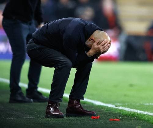 Pep Guardiola the Manchester City manager dejected at a missed chance AFC Bournmeouth v Manchester City, Football, Premier League, Vitality Stadium, Bournemouth, Dorset, UK - 19 05 2026 EDITORIAL USE ONLY No use with unauthorised audio, video, data, fixture lists, club league logos or live services. Online in-match use limited to 120 images, no video emulation. No use in betting, games or single club league player publications.  Copyright: xMattxImpey Shutterstockx 16884011at