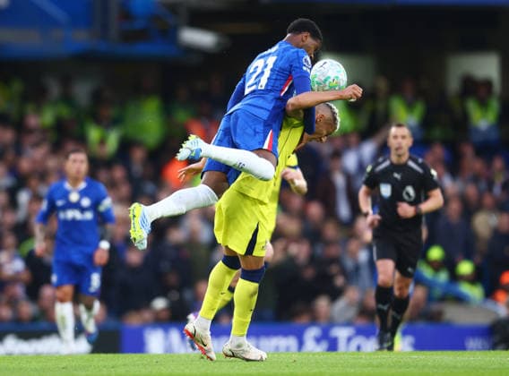 Chelsea v Tottenham Hotspurs, English Premier League, Stamford Bridge, London, UK - 19 05 2026 Jorrel Hato of Chelsea rises above Richarlison of Tottenham Hotspurs during the Premier League game at Stamford Bridge London Stamford Bridge London GBR, UK NEWSPAPERS OUT Copyright: xMarkxGreenwoodx