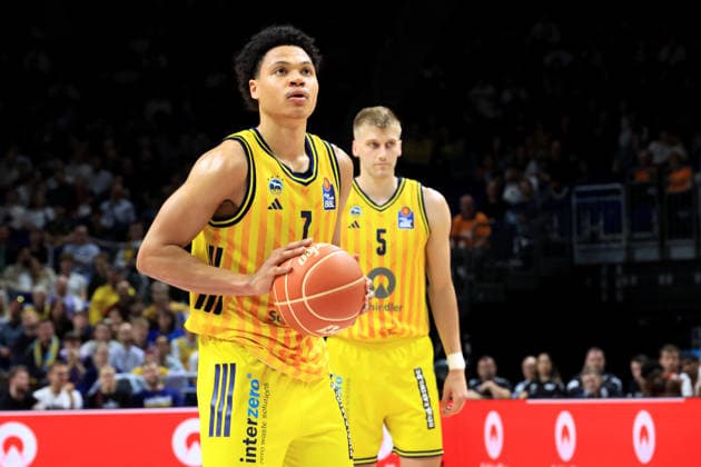 DEU, easyCredit BBL, ALBA vs. Rasta Vechta, 19.05.2026, Uber-Arena, Berlin, DEU, easyCredit BBL, ALBA vs. Rasta Vechta, im Bild Freiwurf von Jack Kayil( ALBA Berlin 7)