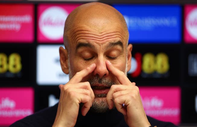 Bournemouth, England, 19th May 2026. Pep Guardiola, Manager of Manchester City talks in a press conference, PK, Pressekonferenz after the AFC Bournemouth vs Manchester City Premier League match at the Vitality Stadium, Bournemouth. Picture credit should read: Paul Terry Sportimage EDITORIAL USE ONLY. No use with unauthorised audio, video, data, fixture lists, club league logos or live services. Online in-match use limited to 120 images, no video emulation. No use in betting, games or single club league player publications. SPI_058_PT_Bournemouth_Man_City SPI-4809-0058