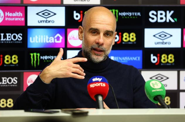 Bournemouth, England, 19th May 2026. Pep Guardiola, Manager of Manchester City talks in a press conference, PK, Pressekonferenz after the AFC Bournemouth vs Manchester City Premier League match at the Vitality Stadium, Bournemouth. Picture credit should read: Paul Terry Sportimage EDITORIAL USE ONLY. No use with unauthorised audio, video, data, fixture lists, club league logos or live services. Online in-match use limited to 120 images, no video emulation. No use in betting, games or single club league player publications. SPI_063_PT_Bournemouth_Man_City SPI-4809-0063