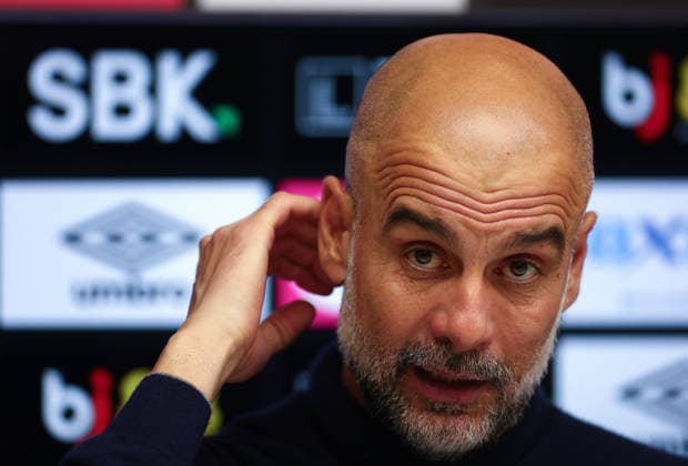 Bournemouth, England, 19th May 2026. Pep Guardiola, Manager of Manchester City talks in a press conference, PK, Pressekonferenz after the AFC Bournemouth vs Manchester City Premier League match at the Vitality Stadium, Bournemouth. Picture credit should read: Paul Terry Sportimage EDITORIAL USE ONLY. No use with unauthorised audio, video, data, fixture lists, club league logos or live services. Online in-match use limited to 120 images, no video emulation. No use in betting, games or single club league player publications. SPI_067_PT_Bournemouth_Man_City SPI-4809-0067