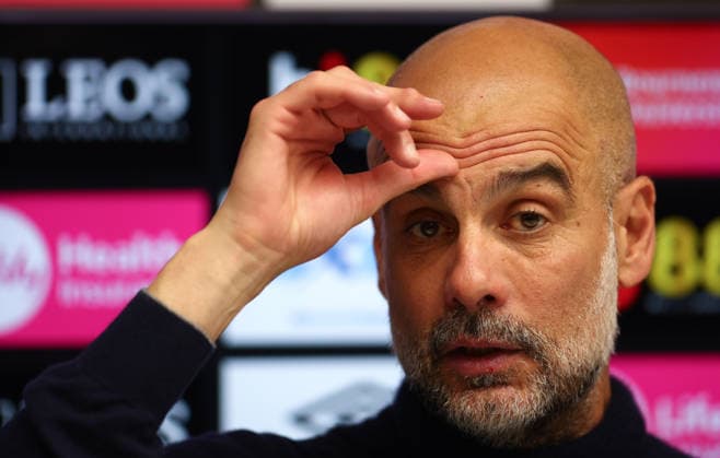 Bournemouth, England, 19th May 2026. Pep Guardiola, Manager of Manchester City talks in a press conference, PK, Pressekonferenz after the AFC Bournemouth vs Manchester City Premier League match at the Vitality Stadium, Bournemouth. Picture credit should read: Paul Terry Sportimage EDITORIAL USE ONLY. No use with unauthorised audio, video, data, fixture lists, club league logos or live services. Online in-match use limited to 120 images, no video emulation. No use in betting, games or single club league player publications. SPI_069_PT_Bournemouth_Man_City SPI-4809-0069