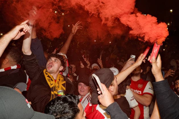 Arsenal Fans Celebrate Title 19 May 2026 London - Arsenal fans with flares - (Photo by Jacques Feeney). London UK Copyright: xJacquesxFeeneyxOffside