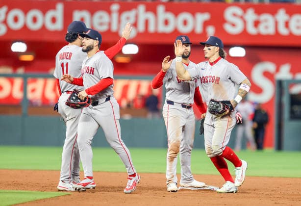 MAY 19, 2026: Boston Red Sox outfielder Jarren Duran (16), Boston Red Sox outfielder Wilyer Abreu (52), Boston Red Sox second baseman Marcelo Mayer (11) and Boston Red Sox infielder Isiah Kiner-Falefa (2) celebrates at second base after a win against the Kansas City Royals at Kauffman Stadium in Kansas City, MO. CSM Kansas City United States - ZUMAc04_ 20260519_zma_c04_215 Copyright: xRomanxPunox