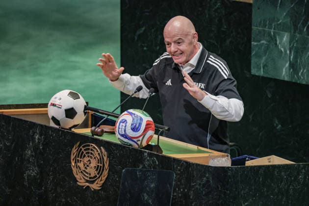 May 19, 2026, New York, New York, USA: GIANNI INFANTINO, President of FIFA, speaks at the podium during an event marking World Football Day in the General Assembly Hall at UNHQ, focused on refugees and soccer. New York USA - ZUMAo116 20260519_znp_o116_067 Copyright: xBiancaxOterox