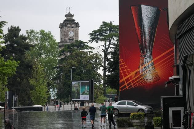 20.05.2026 - SOCCER - 2025-2026 UEFA EUROPA LEAGUE FINAL, SC Freiburg vs Aston Villa pre-match scene in Istanbul with the city clock tower visible near the stadium entrance and a large UEFA Europa League trophy logo display set up in front of the venue. ISTANBUL ISTANBUL, BESIKTAS PARK TÜPRAS STADIUM BESIKTAS PARK TÜPRAS STADIUM TÜRKIYE