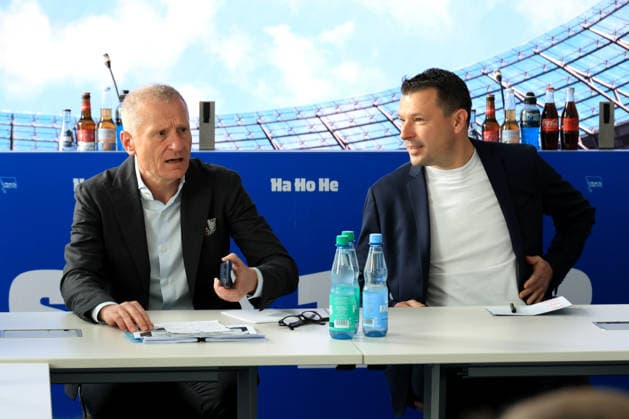 DEU, DFL, 2. FBL Hertha BSC, PK, 20.05.2026, Sportforum, Berlin, DEU, DFL, 2. FBL Hertha BSC, PK, im Bild Benjamin Weber (Sportdirektor, Hertha BSC Berlin), Dr. Peter Goerlich - Geschaeftsfuehrung DFL - regulations prohibit any use of Photographs as image sequences and or quasi-video