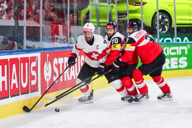 Ice hockey, Eishockey - IIHF WC 2026 ZURICH,SWITZERLAND,20.MAY.26 - ICE HOCKEY - IIHF Ice Hockey World Championship, WM, Weltmeisterschaft 2026, group stage, Austria vs Switzerland. Image shows Roman Josi (SUI), Benjamin Nissner and Peter Schneider (AUT).  GEPAxpictures xMaticxKlansek