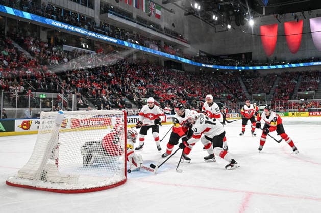 ZURICH, SWITZERLAND - MAY 20: Nico Hischier of Switzerland scores a goal against goalkeeper David Kickert of Austria during the 2026 IIHF Ice hockey, Eishockey World Championship, WM, Weltmeisterschaft Switzerland game between Austria and Switzerland at Swiss Life Arena on May 20, 2026 in Zurich, Zurich. Zurich Swiss Life Arena Zurich Switzerland Copyright: xJustPictures.ch AndreaxBrancax jp-en-EuSpIm-JP7_ANB_Aut_Swi_20052026_7004