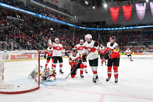ZURICH, SWITZERLAND - MAY 20: Nico Hischier of Switzerland R) celebrates his goal during the 2026 IIHF Ice hockey, Eishockey World Championship, WM, Weltmeisterschaft Switzerland game between Austria and Switzerland at Swiss Life Arena on May 20, 2026 in Zurich, Zurich. Zurich Swiss Life Arena Zurich Switzerland Copyright: xJustPictures.ch AndreaxBrancax jp-en-EuSpIm-JP7_ANB_Aut_Swi_20052026_7021