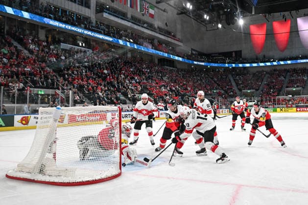 ZURICH, SWITZERLAND - MAY 20: Nico Hischier of Switzerland scores a goal against goalkeeper David Kickert of Austria during the 2026 IIHF Ice hockey, Eishockey World Championship, WM, Weltmeisterschaft Switzerland game between Austria and Switzerland at Swiss Life Arena on May 20, 2026 in Zurich, Zurich. Zurich Swiss Life Arena Zurich Switzerland Copyright: xJustPictures.ch AndreaxBrancax jp-en-EuSpIm-JP7_ANB_Aut_Swi_20052026_7004A